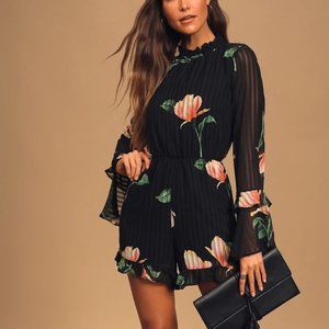 Black Floral Print Long Sleeve Cutout Romper
